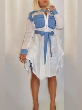 NWT CIEN Blue White Mesh Denim Utility Pockets Waist Tie Jacket Dress Sz Medium